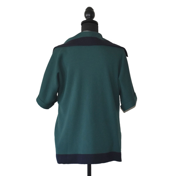 C0 Auth ESCADA Green Navy Trim Wool Knit Open Front Short Sleeve Jacket Size 44 - Picture 5 of 11